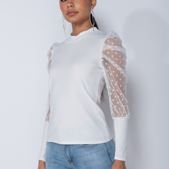 Cassie White Polka Dot Sheer Sleeve Blouse Top - Picture 2 of 8